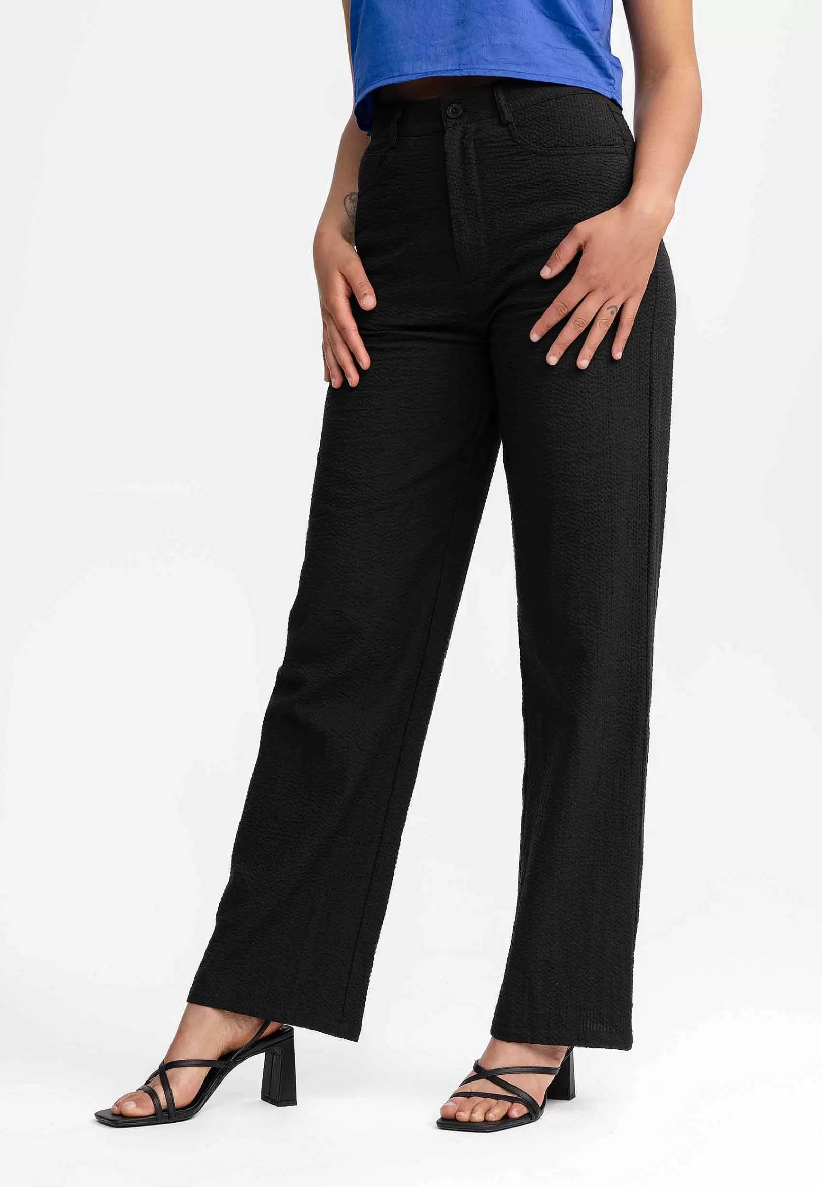 Online Damen Seersucker Hose Mit Hohem Bund Und Weitem Bein Paulami Damen Hosen