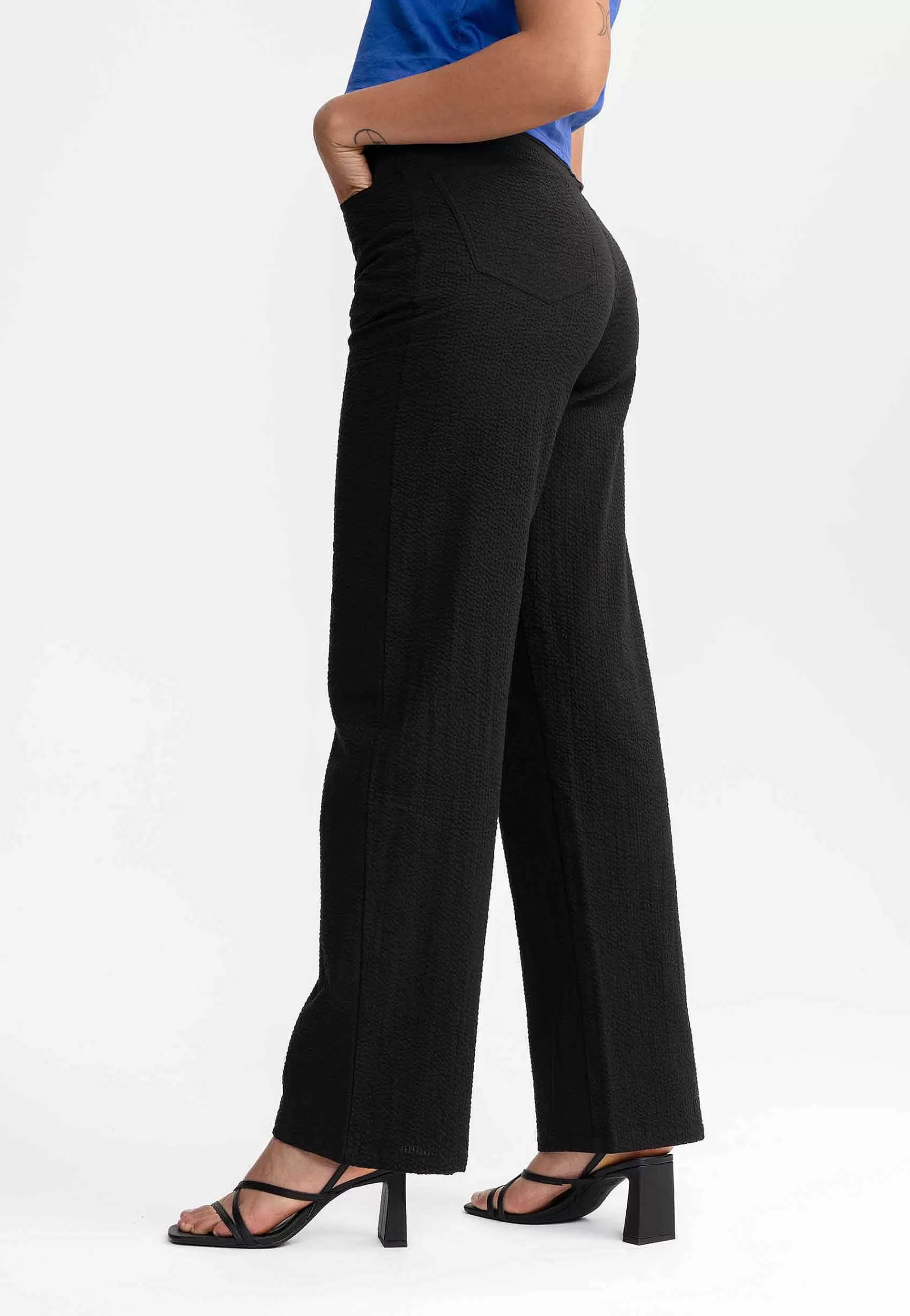 Online Damen Seersucker Hose Mit Hohem Bund Und Weitem Bein Paulami Damen Hosen